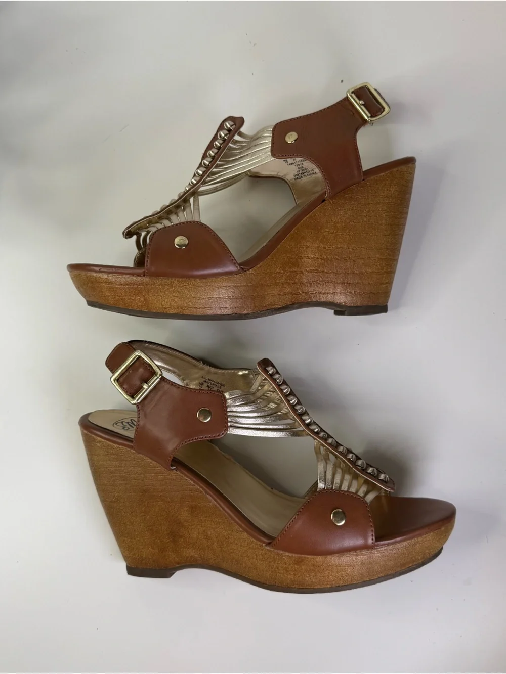 SM New York Y2K Brown & Gold Gladiator Wooden Wedge Sandals Women's Size 10